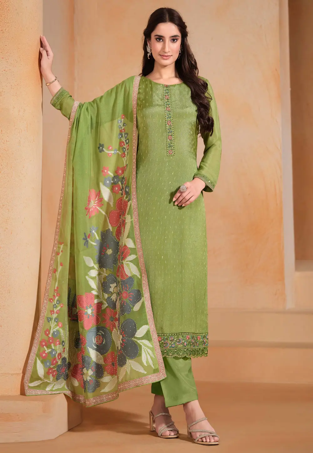 Pista Green Chinon Chiffon Pakistani Suit 299122