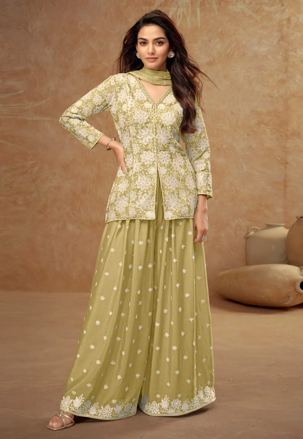 Pista Green Chinon Embroidered Pakistani Suit 300886