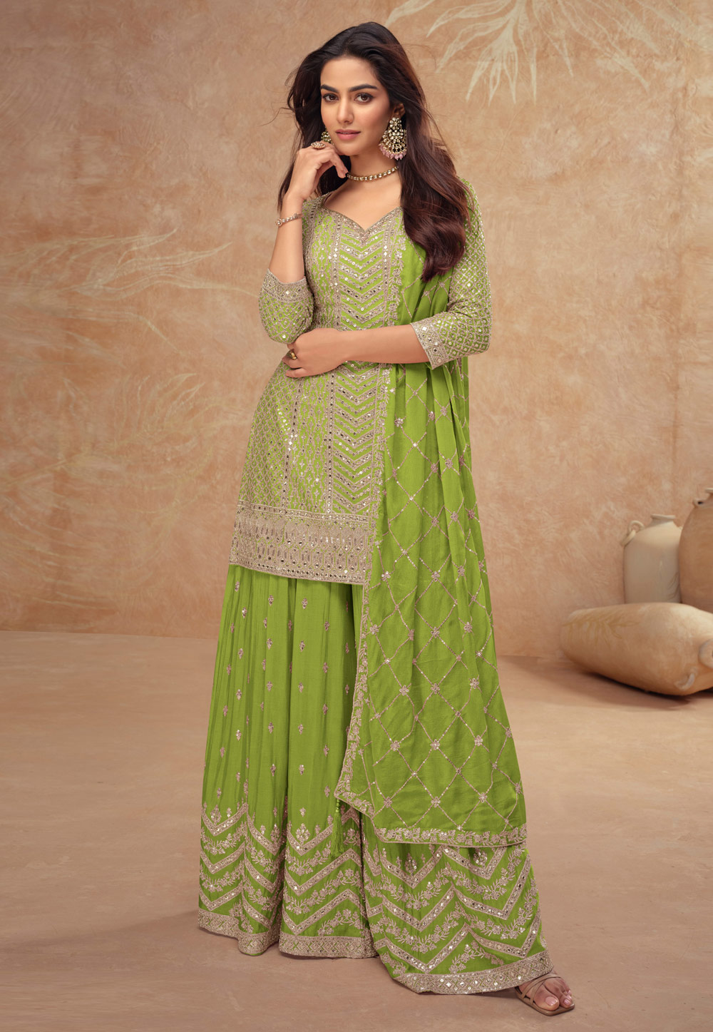 Pista Green Chinon Embroidered Palazzo Suit 305707