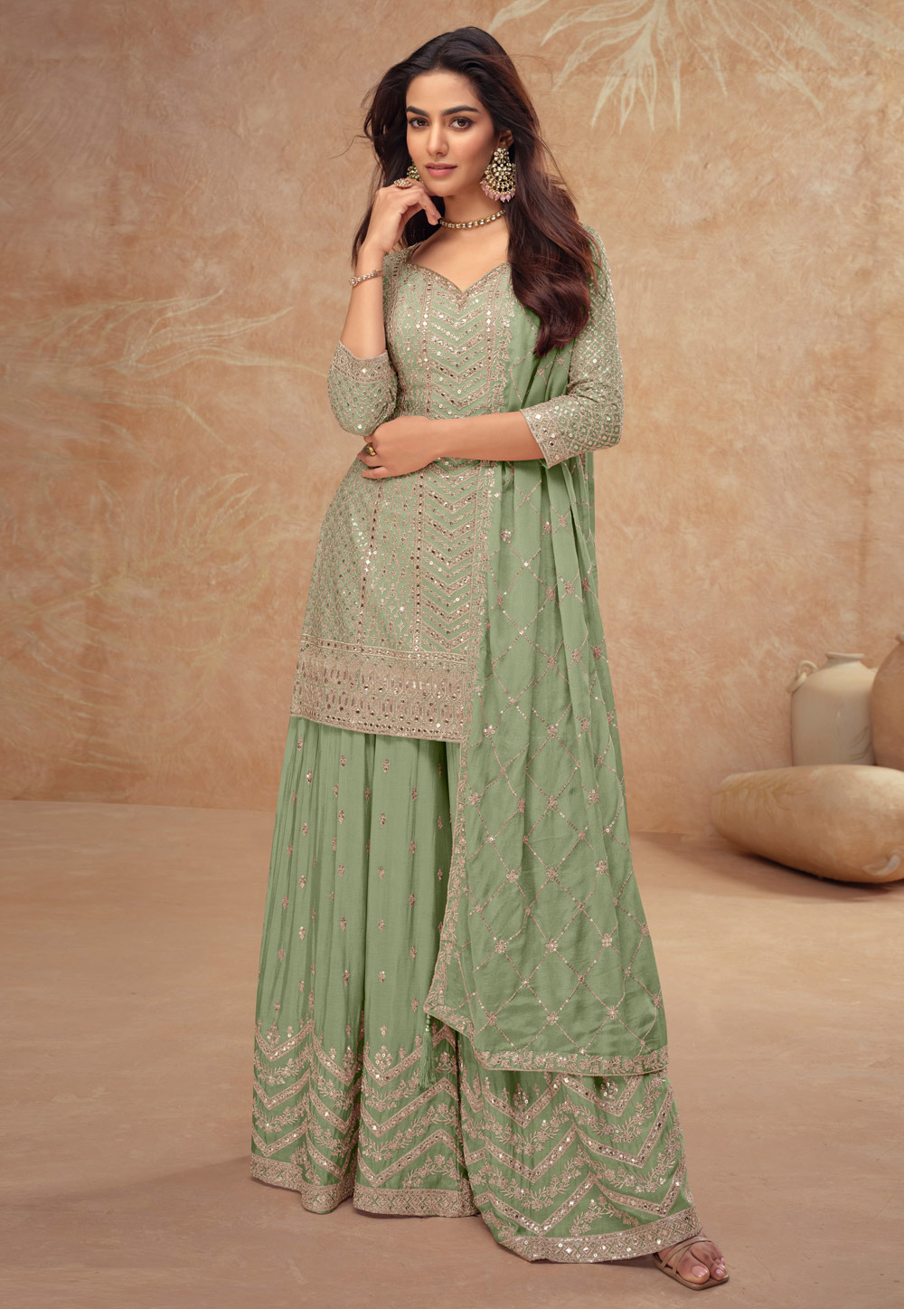 Pista Green Chinon Embroidered Palazzo Suit 305712