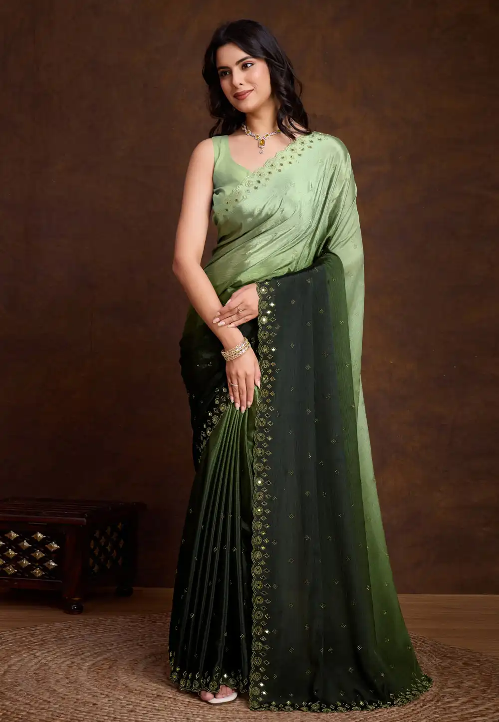 Pista Green Chinon Half N Half Saree 294136