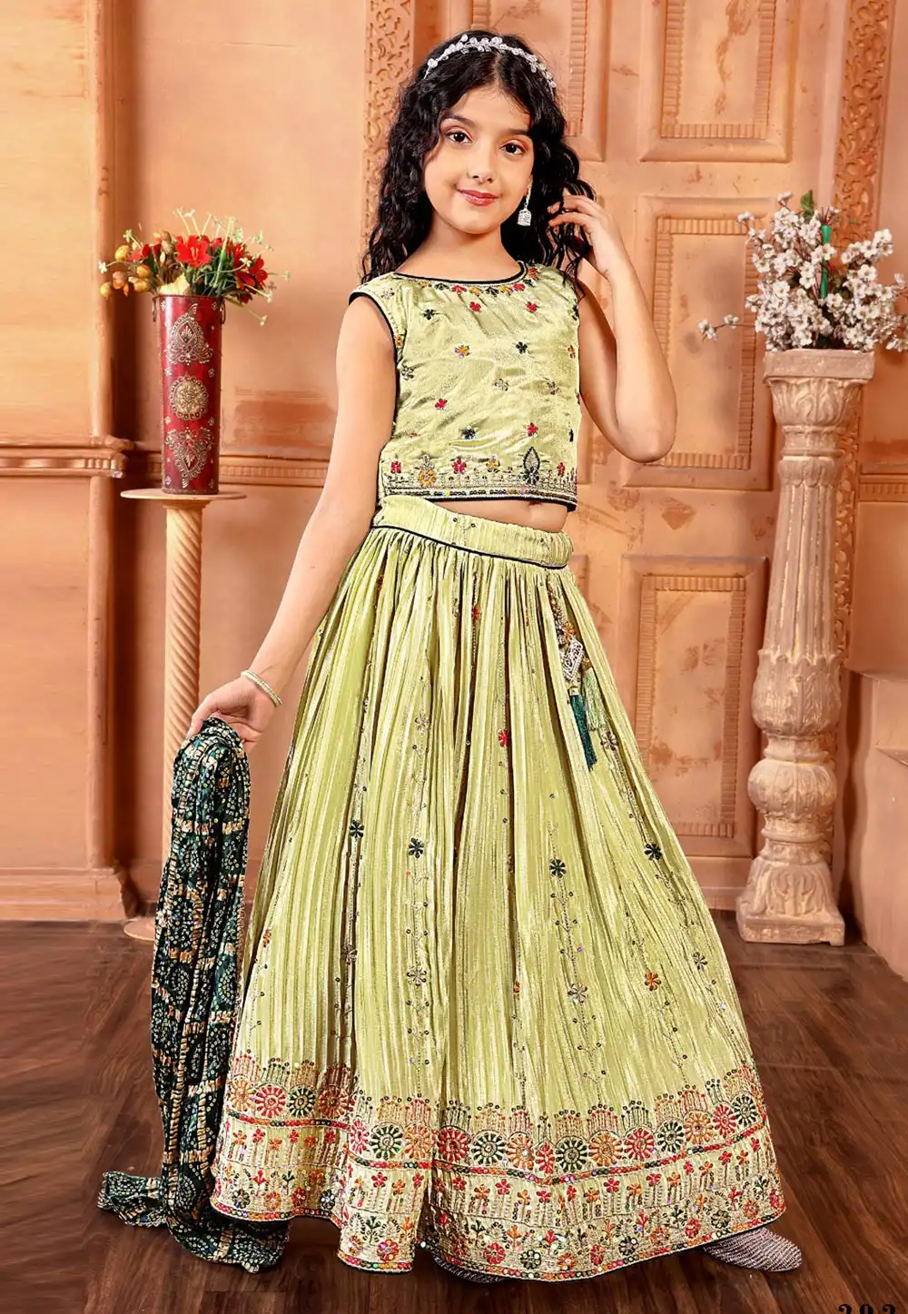 Pista Green Chinon Kids Lehenga Choli 293427