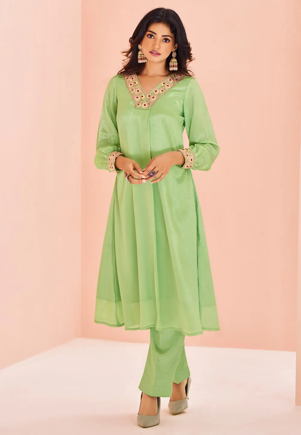 Pista Green Chinon Kurta Set With Pent 298463