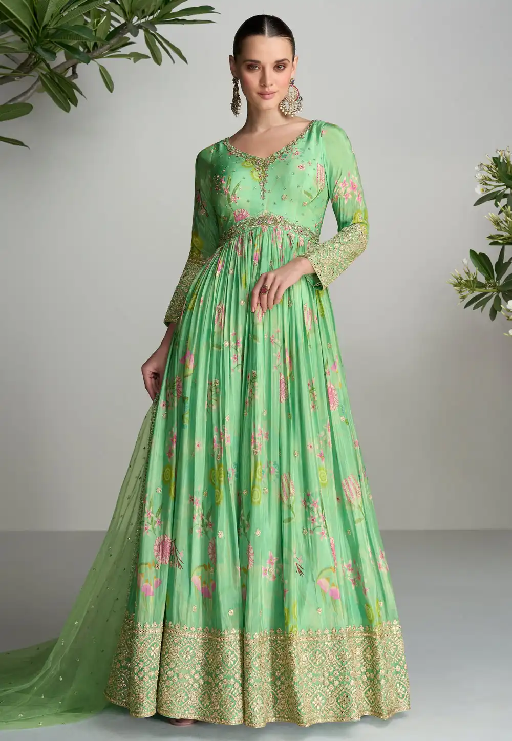 Pista Green Chinon Long Anarkali Suit 291674