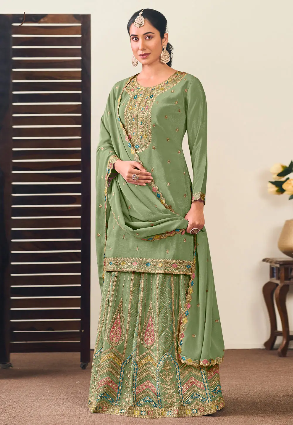 Pista Green Chinon Long Choli Lehenga 302314