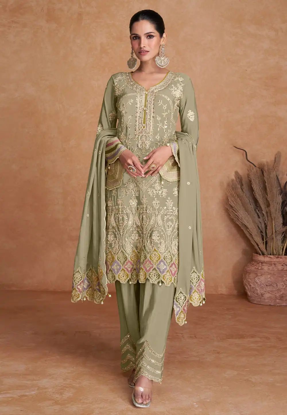 Pista Green Chinon Pant Style Suit 292153