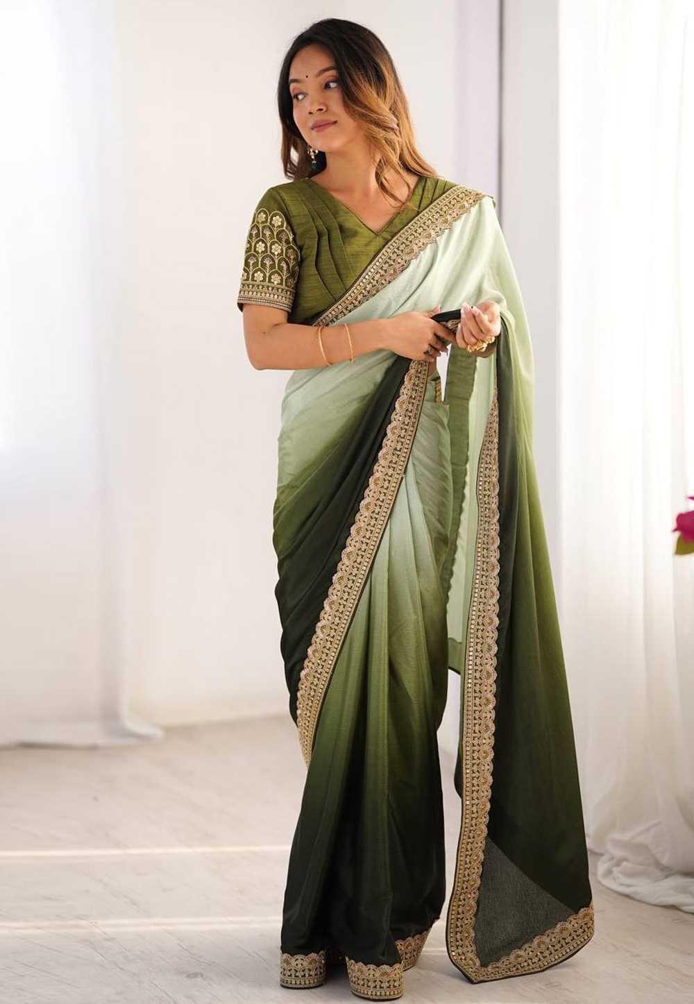 Pista Green Chinon Silk Half N Half Saree 310658