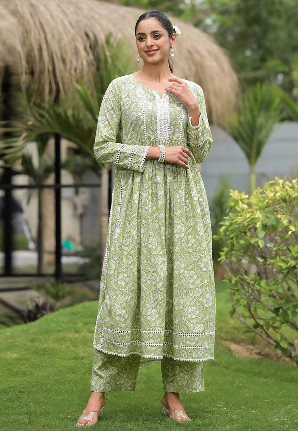 Pista Green Cotton Kurta Set With Palazzo 305222