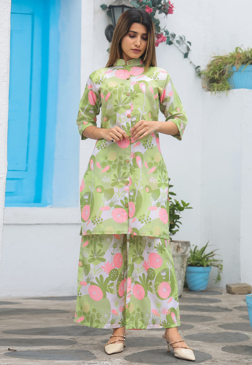 Pista Green Cotton Printed Co-Ords Set 282363