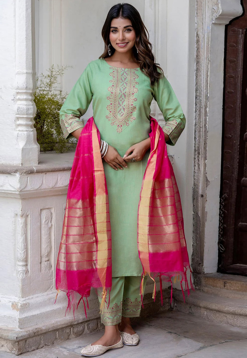 Pista Green Cotton Readymade Pakistani Suit 309619