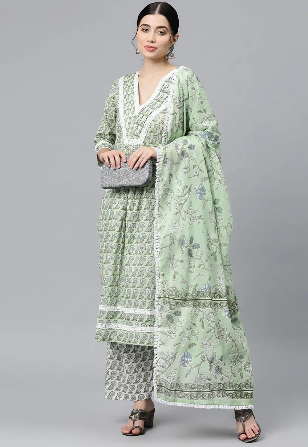 Pista Green Cotton Readymade Palazzo Suit 292665