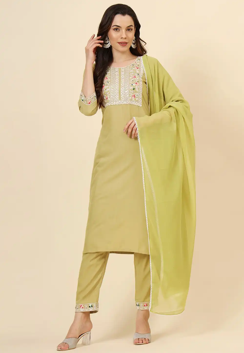 Pista Green Cotton Readymade Pant Style Suit 293453