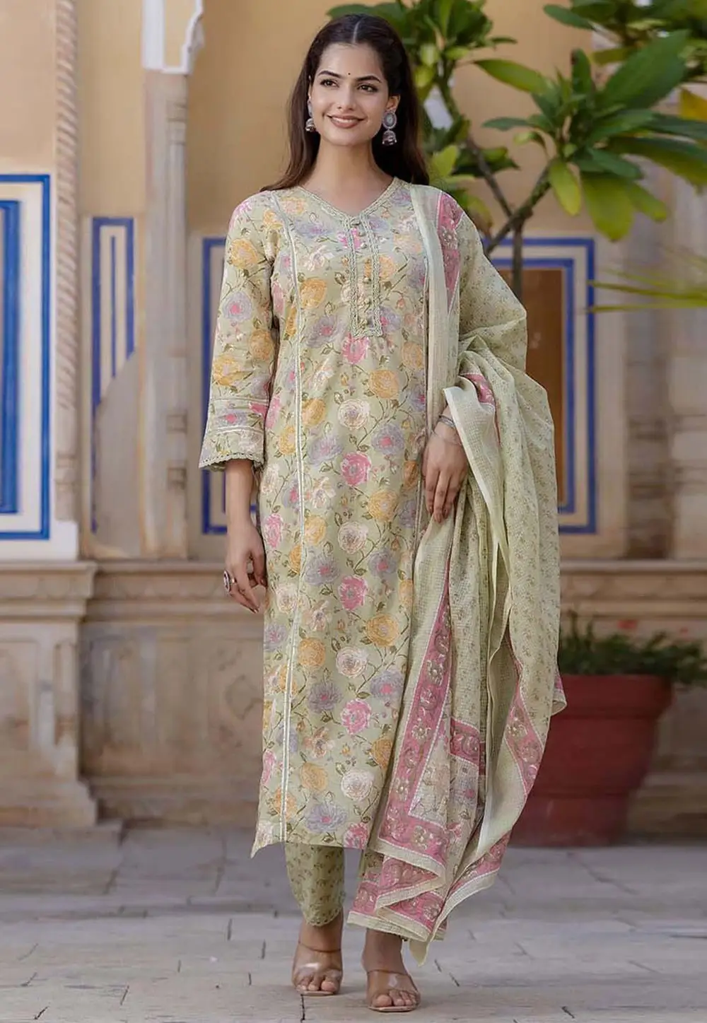 Pista Green Cotton Readymade Pant Style Suit 296756