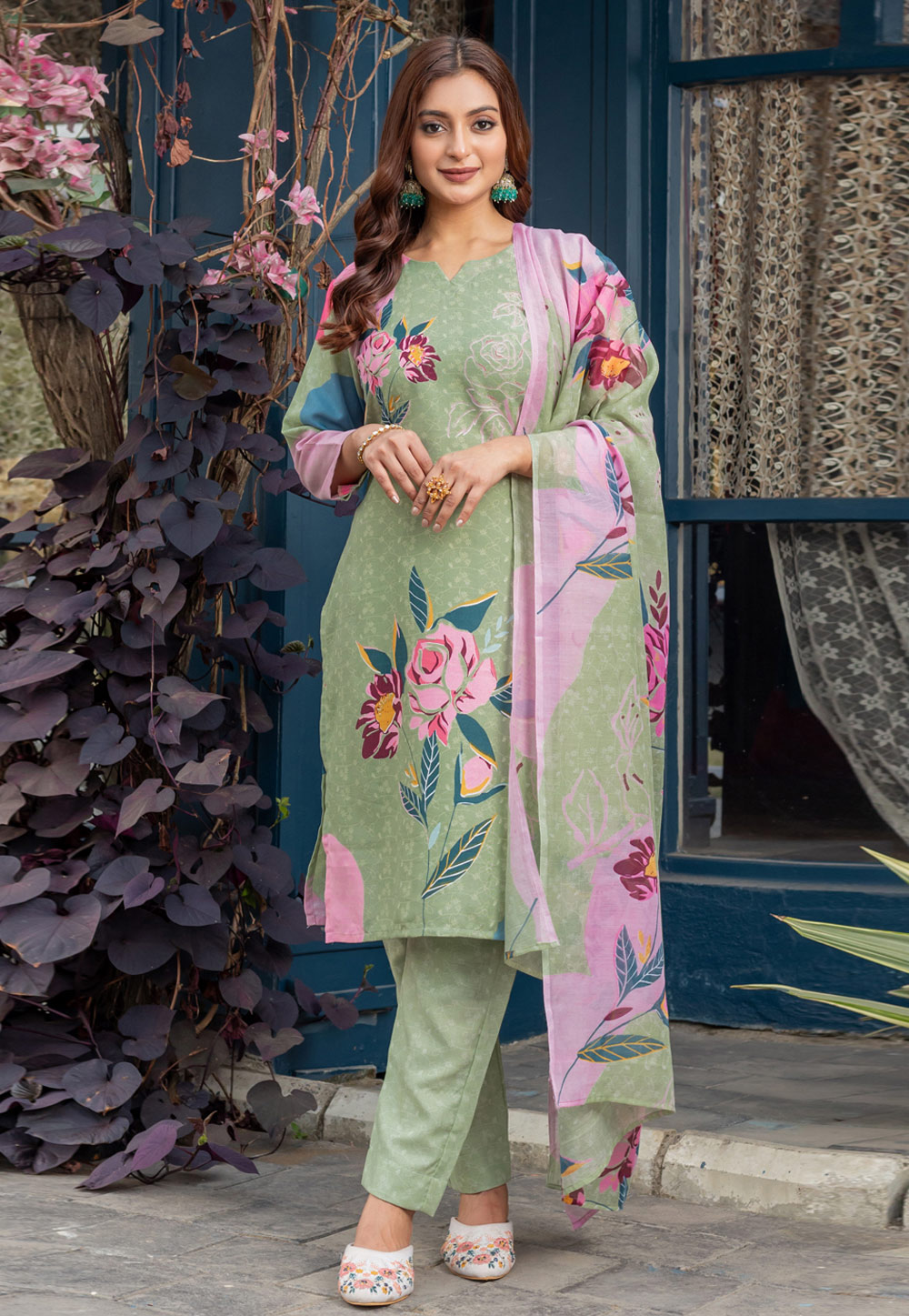 Pista Green Cotton Readymade Pant Style Suit 310195