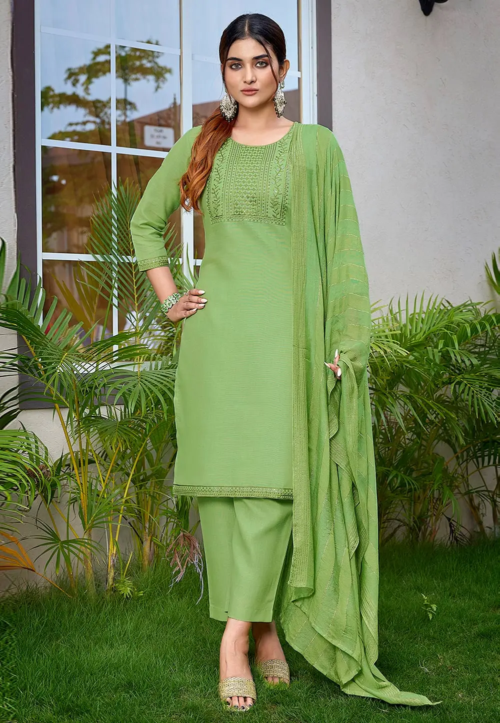 Pista Green Cotton Readymade Pant Style Suit 303208