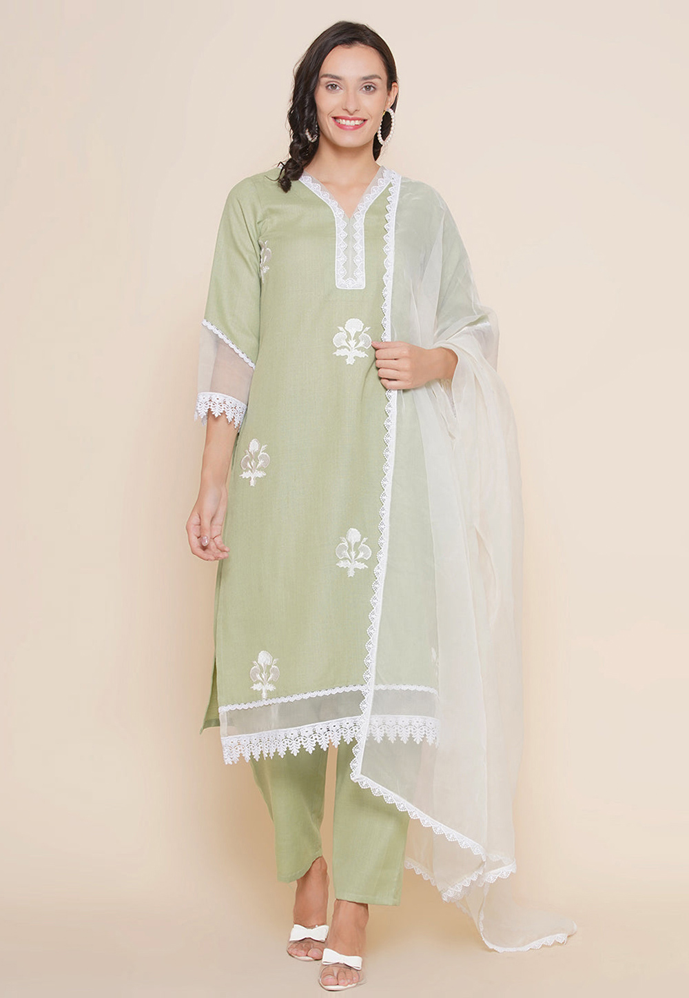 Pista Green Cotton Readymade Pant Style Suit 281457