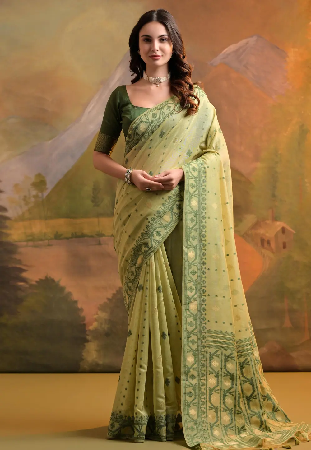 Pista Green Cotton Saree With Blouse 299255