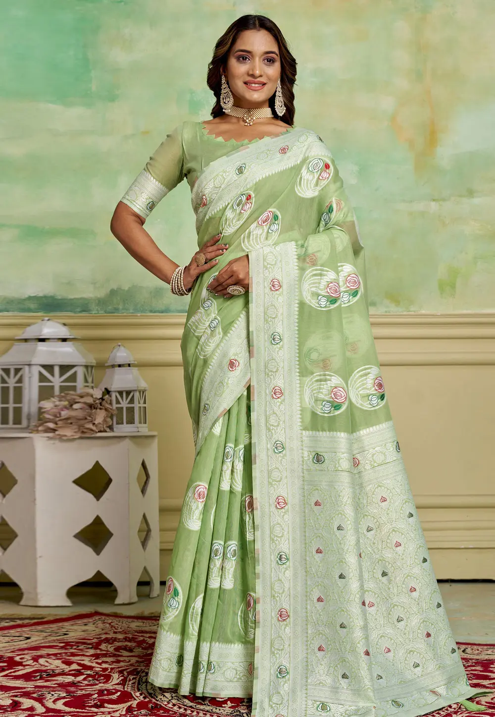 Pista Green Cotton Saree With Blouse 300567