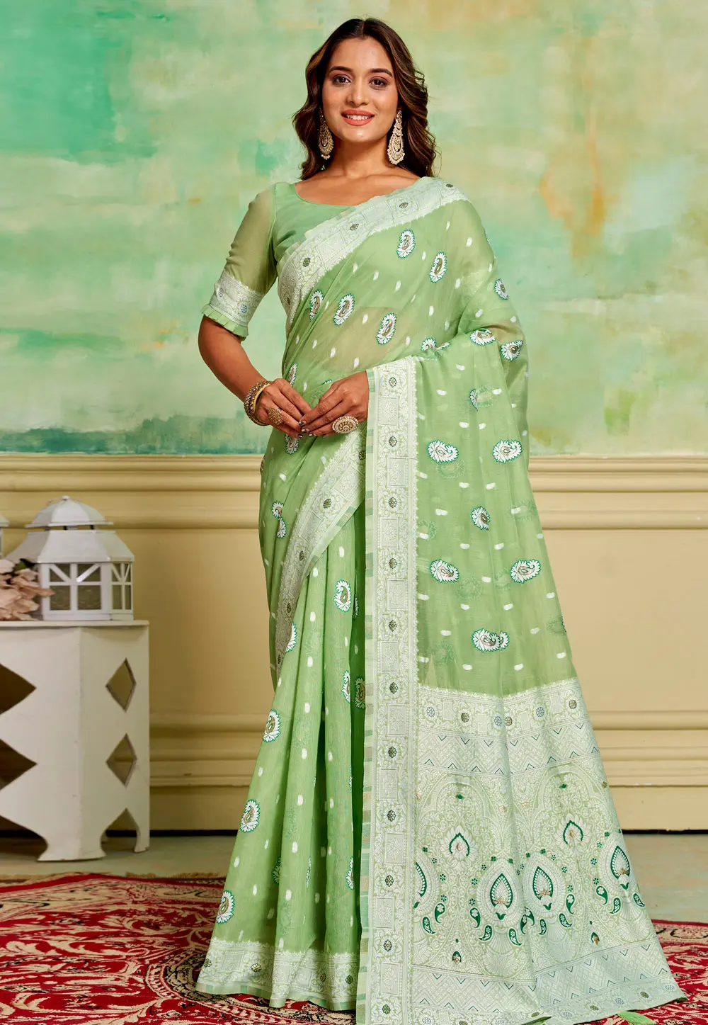 Pista Green Cotton Saree With Blouse 300815