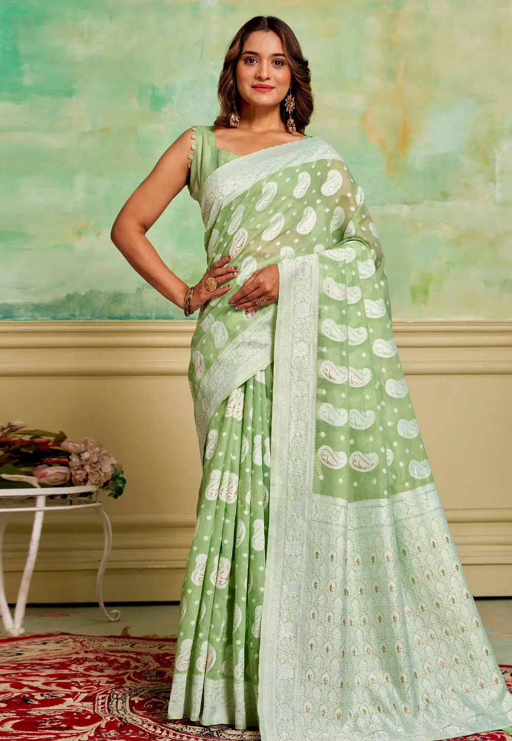 Pista Green Cotton Saree With Blouse 300821