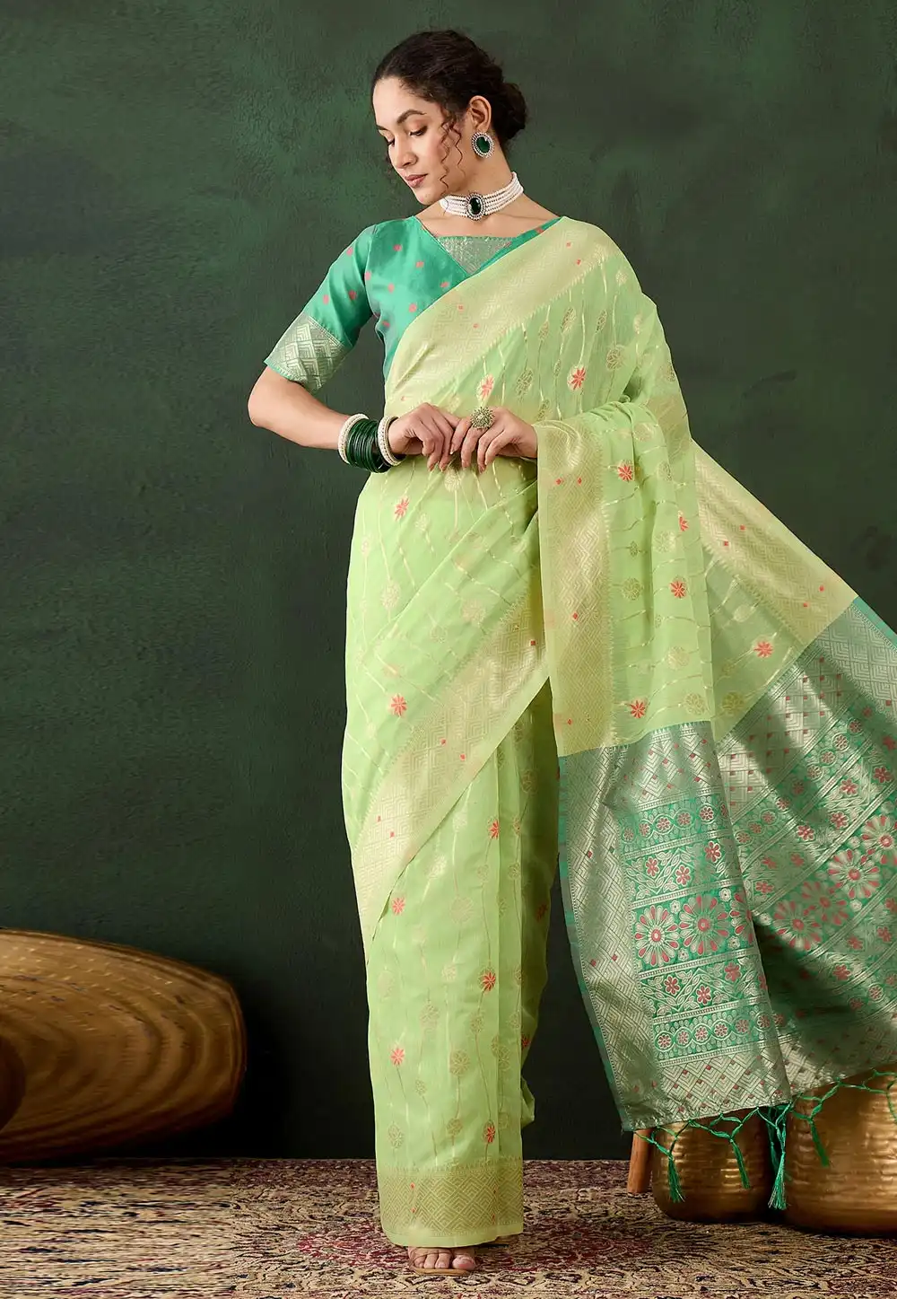 Pista Green Cotton Saree With Blouse 294351