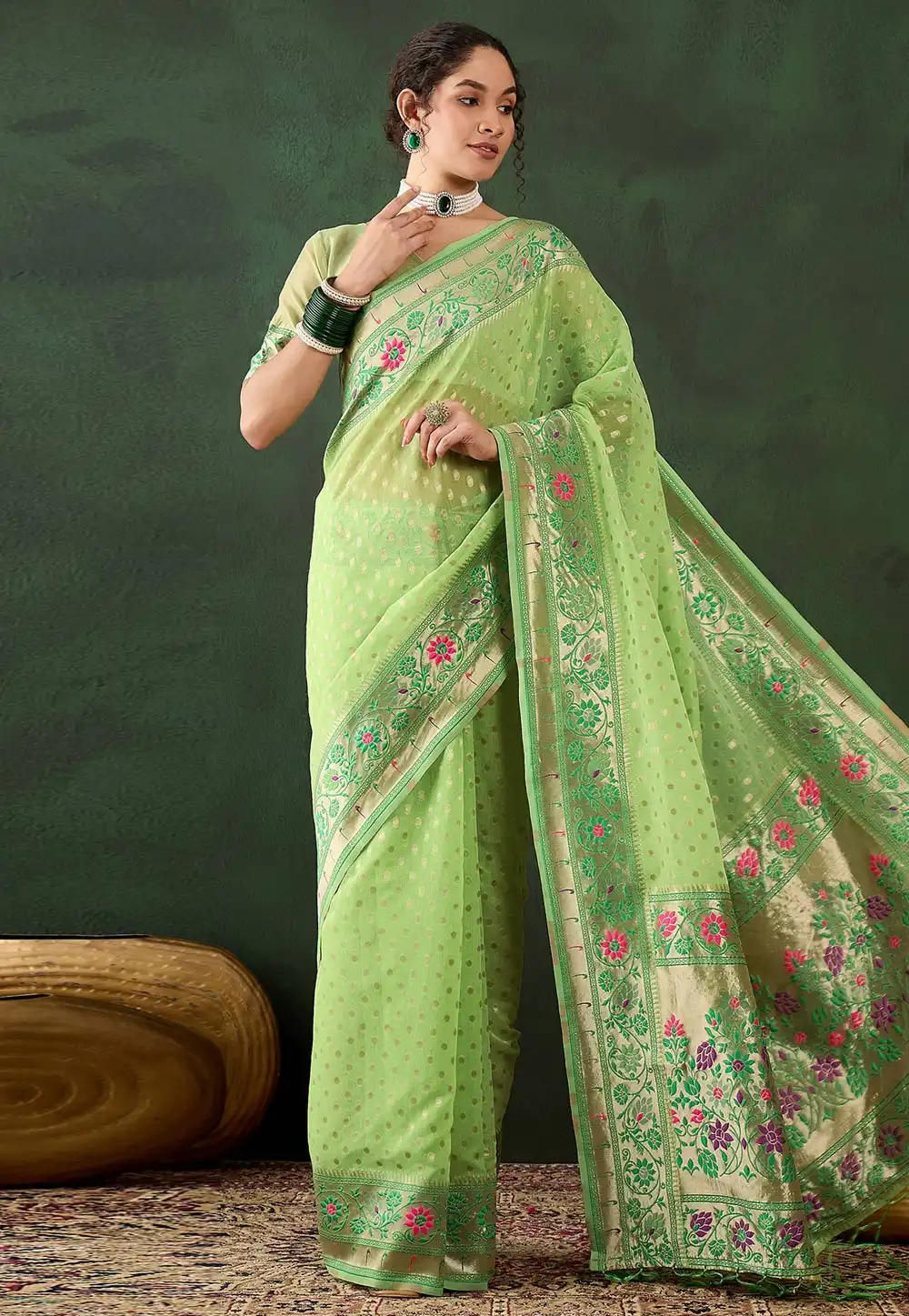 Pista Green Cotton Saree With Blouse 294356