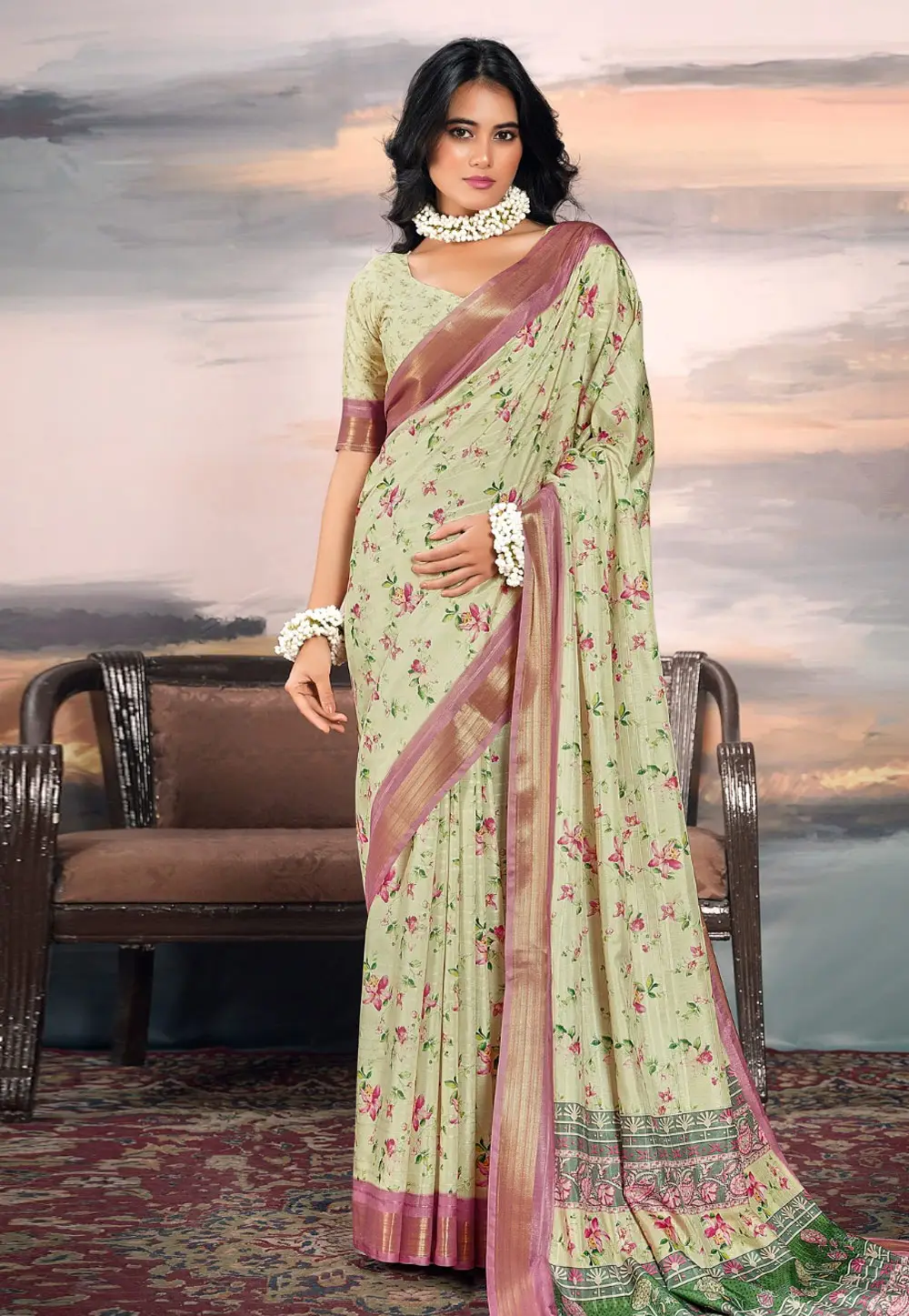 Pista Green Cotton Silk Saree With Blouse 296178