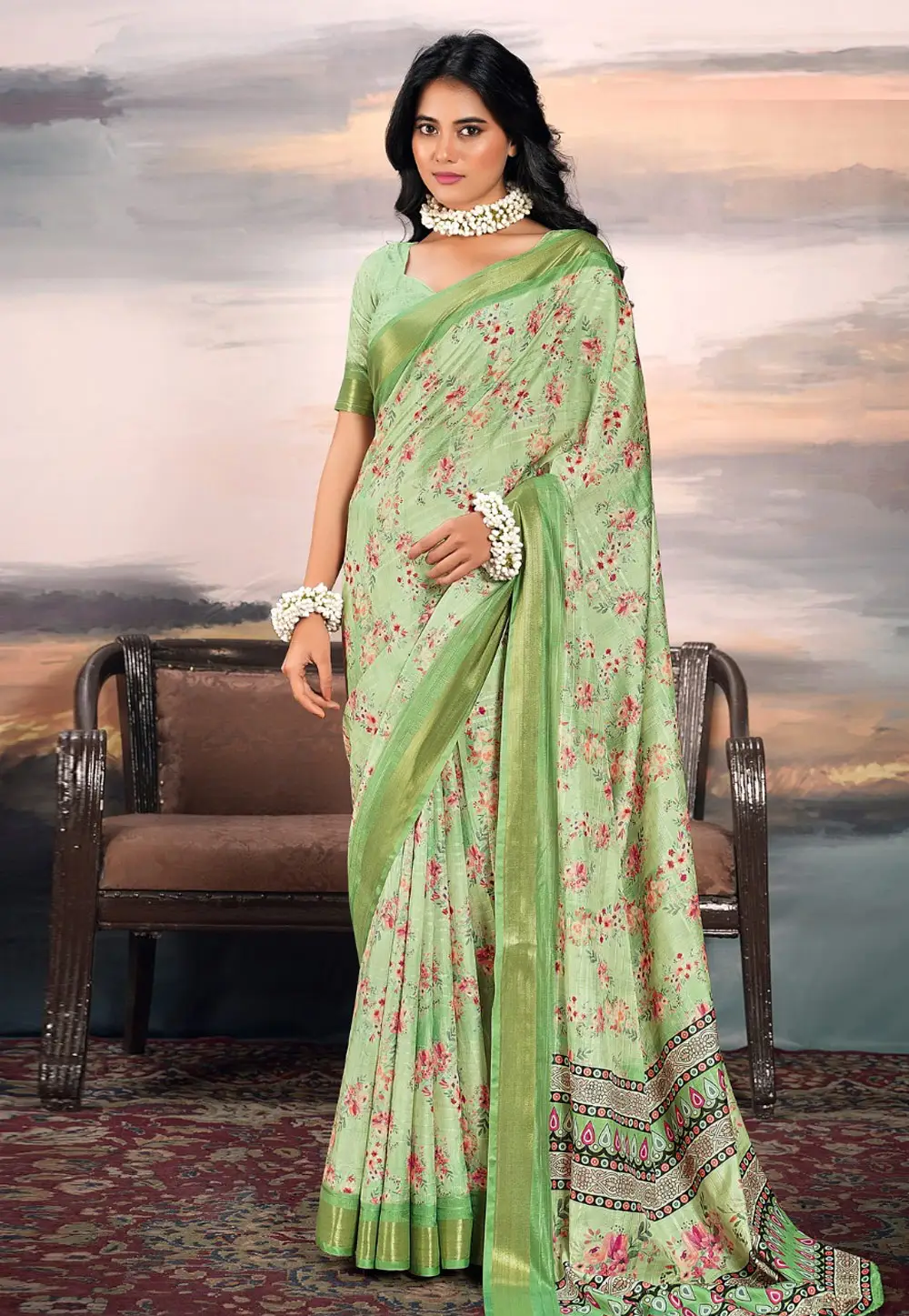 Pista Green Cotton Silk Saree With Blouse 296183