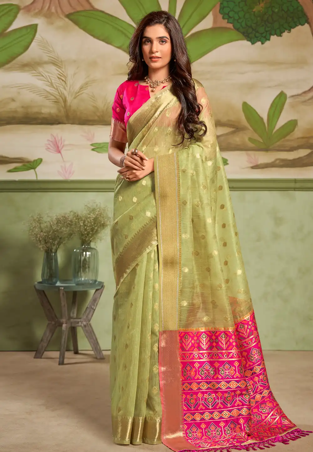 Pista Green Cotton Silk Saree With Blouse 291894