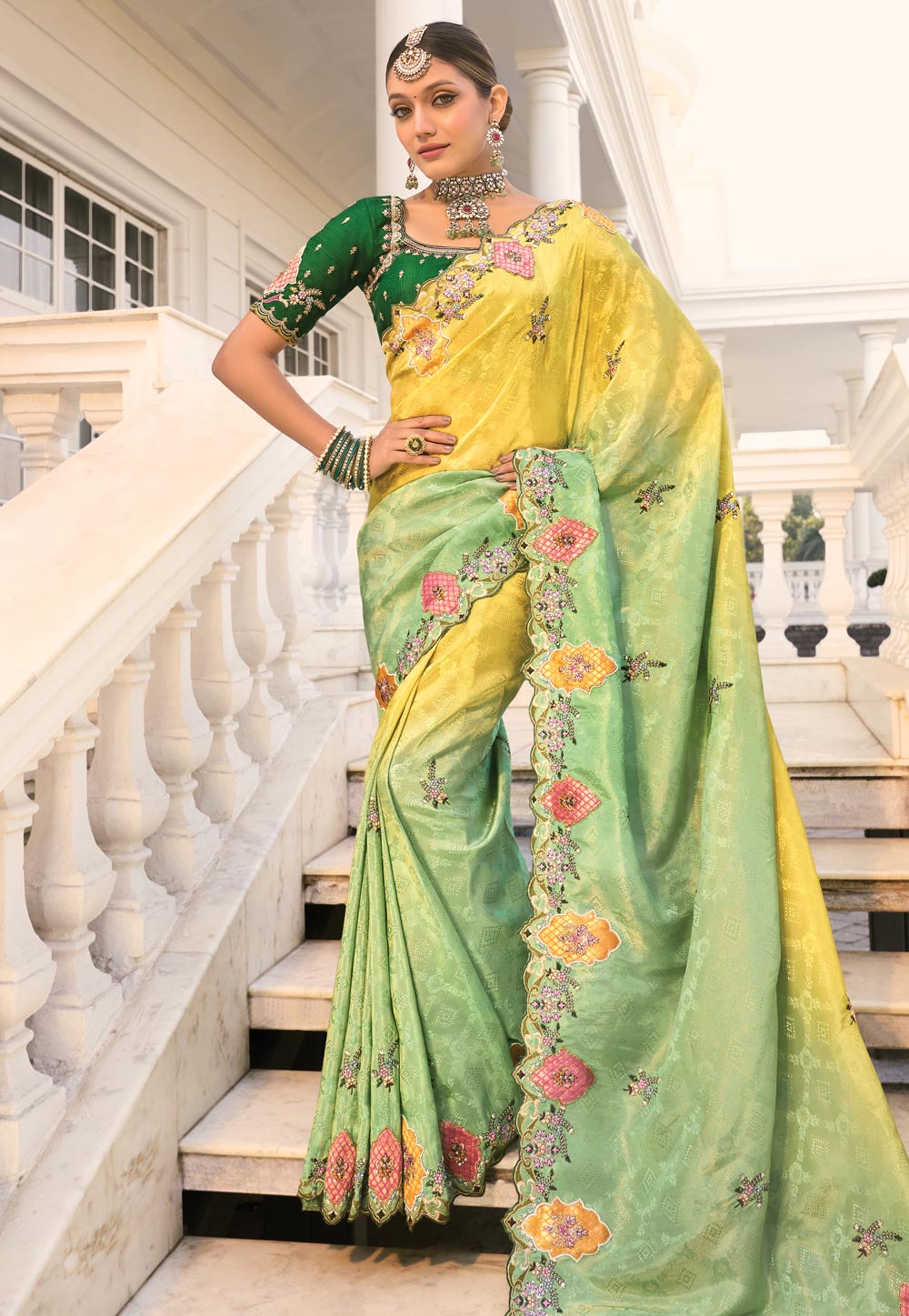 Pista Green Crepe Jacquard Half N Half Saree 306559