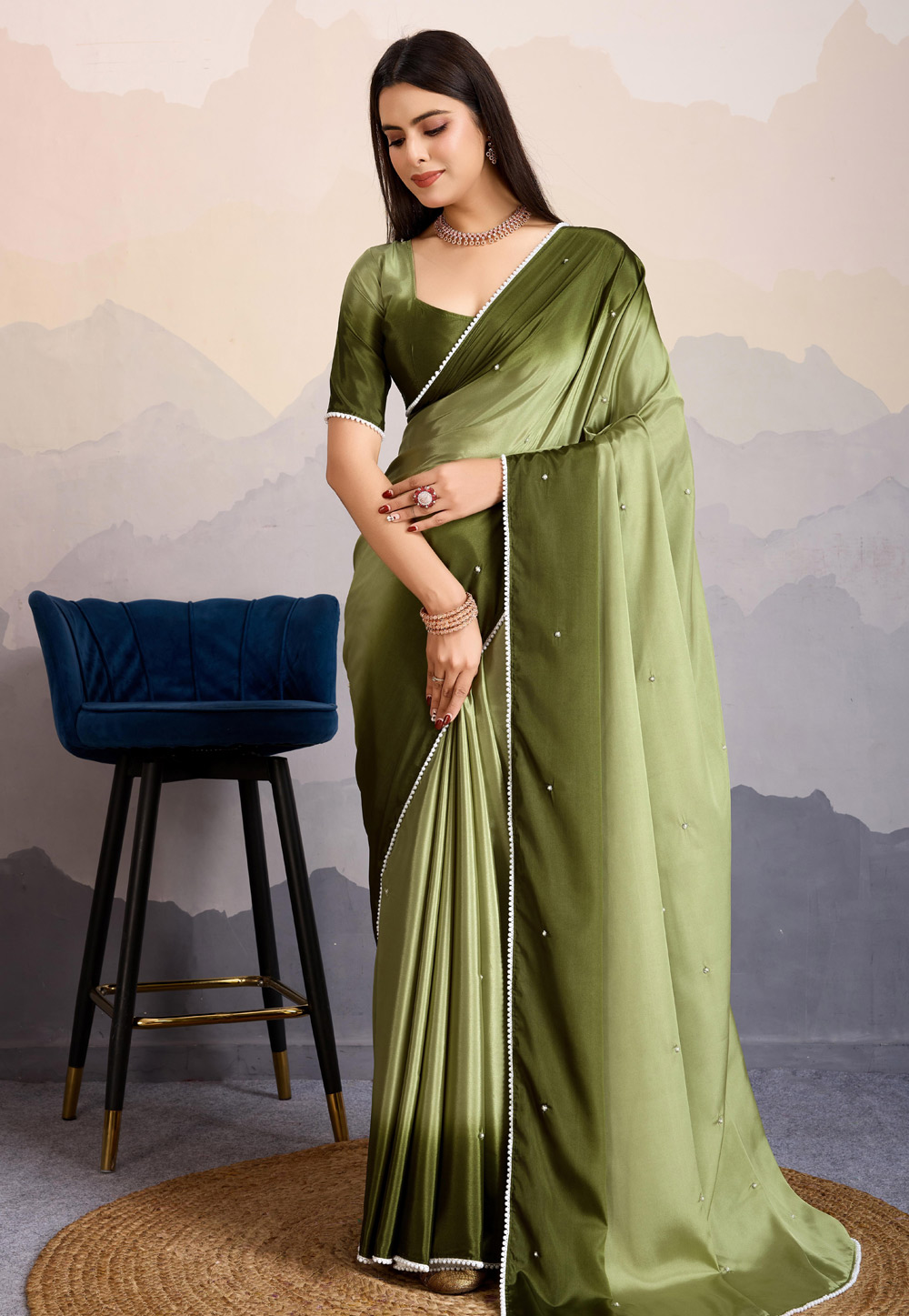 Pista Green Crepe Satin Saree With Blouse 305893