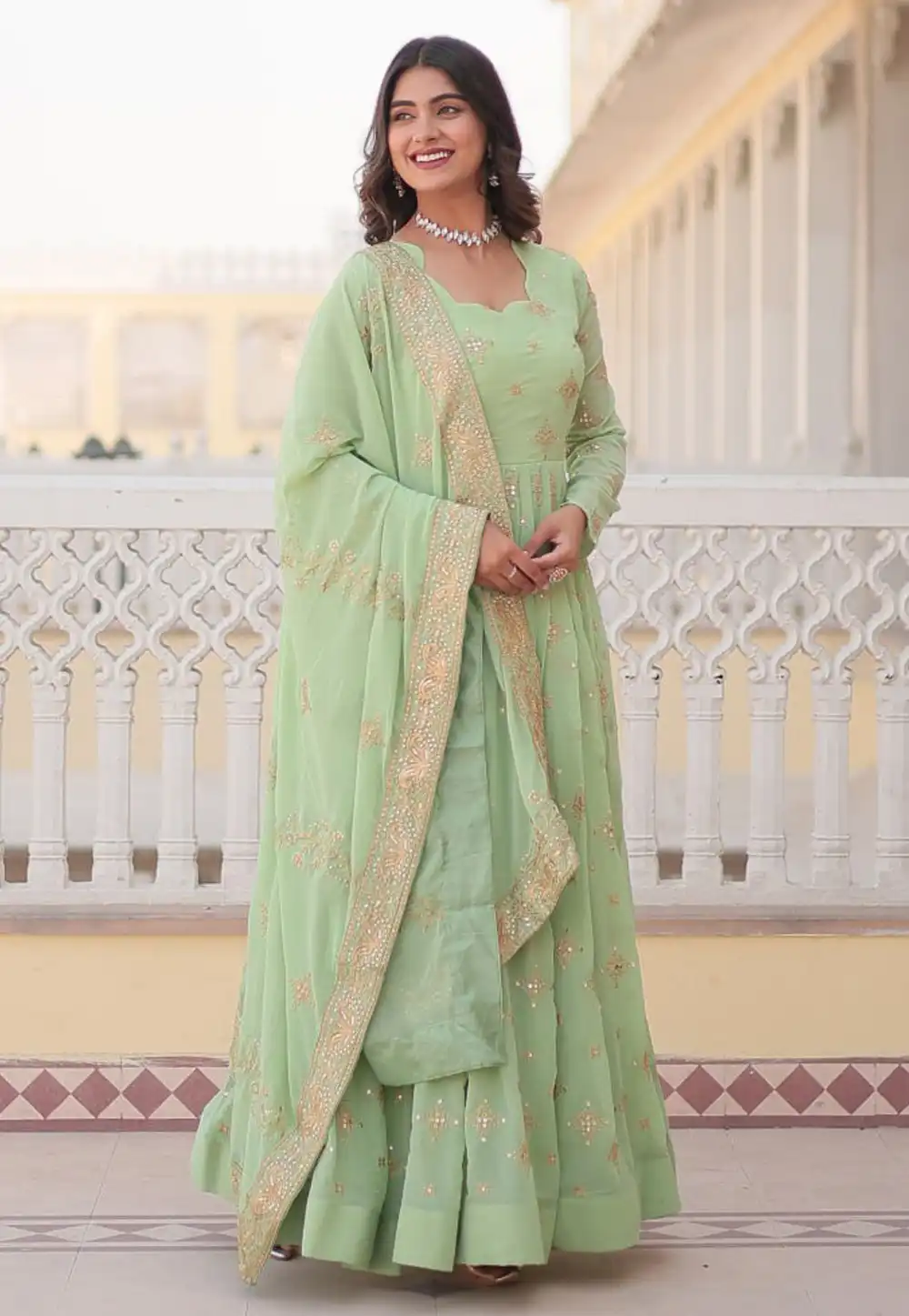 Pista Green Faux Georgette Readymade Anarkali Suit 288031