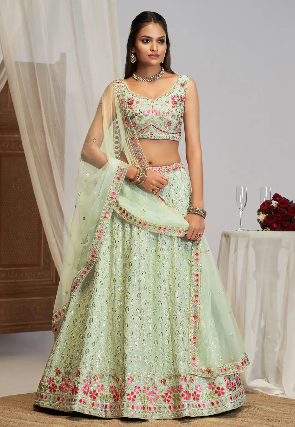 Pista Green Georgette A Line Lehenga Choli 296461