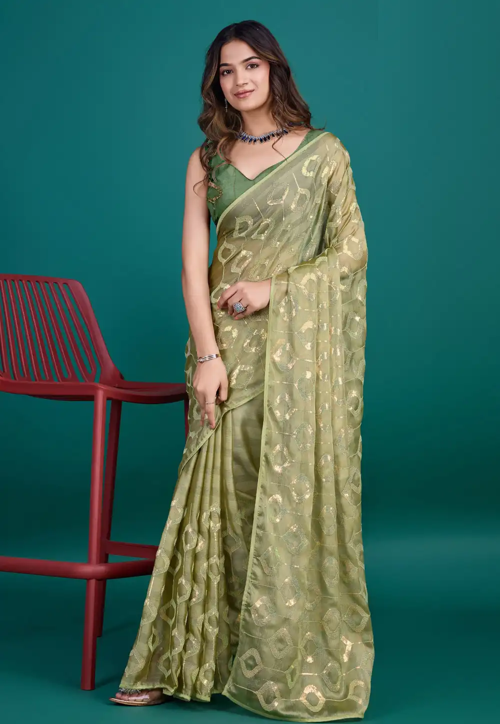 Pista Green Georgette Chiffon Sequence Saree 294123