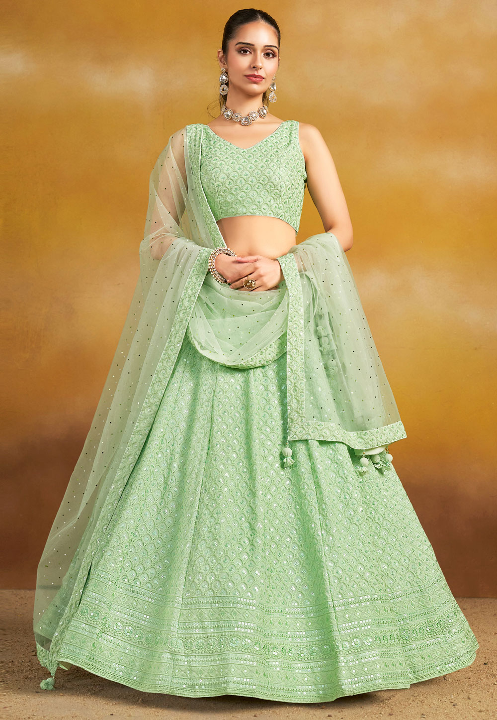 Pista Green Georgette Circular Lehenga Choli 310356