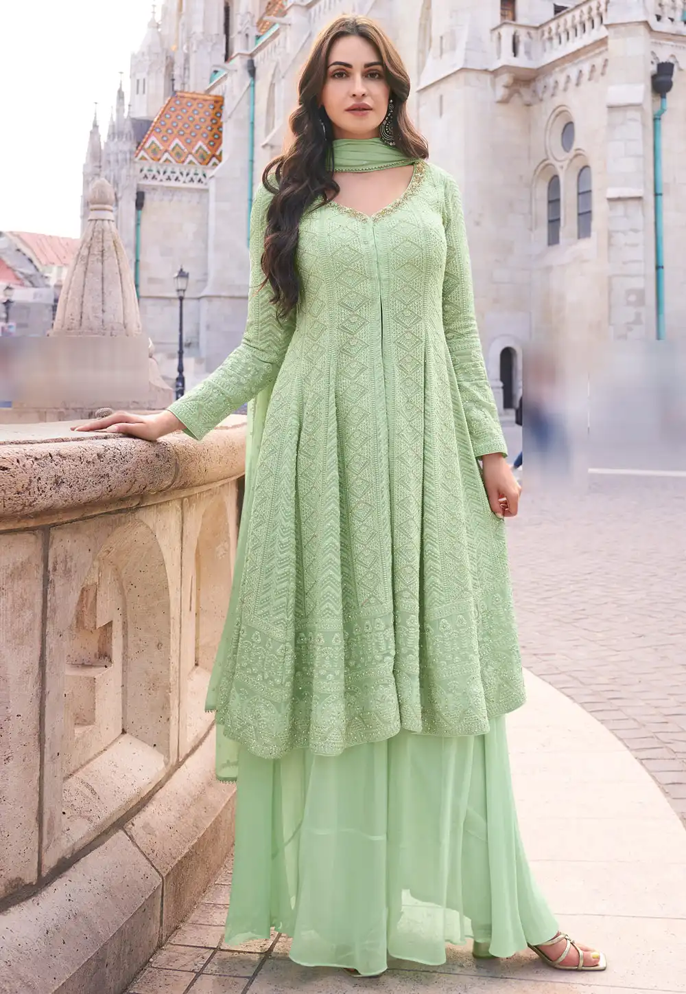 Pista Green Georgette Embroidered Palazzo Suit 294215