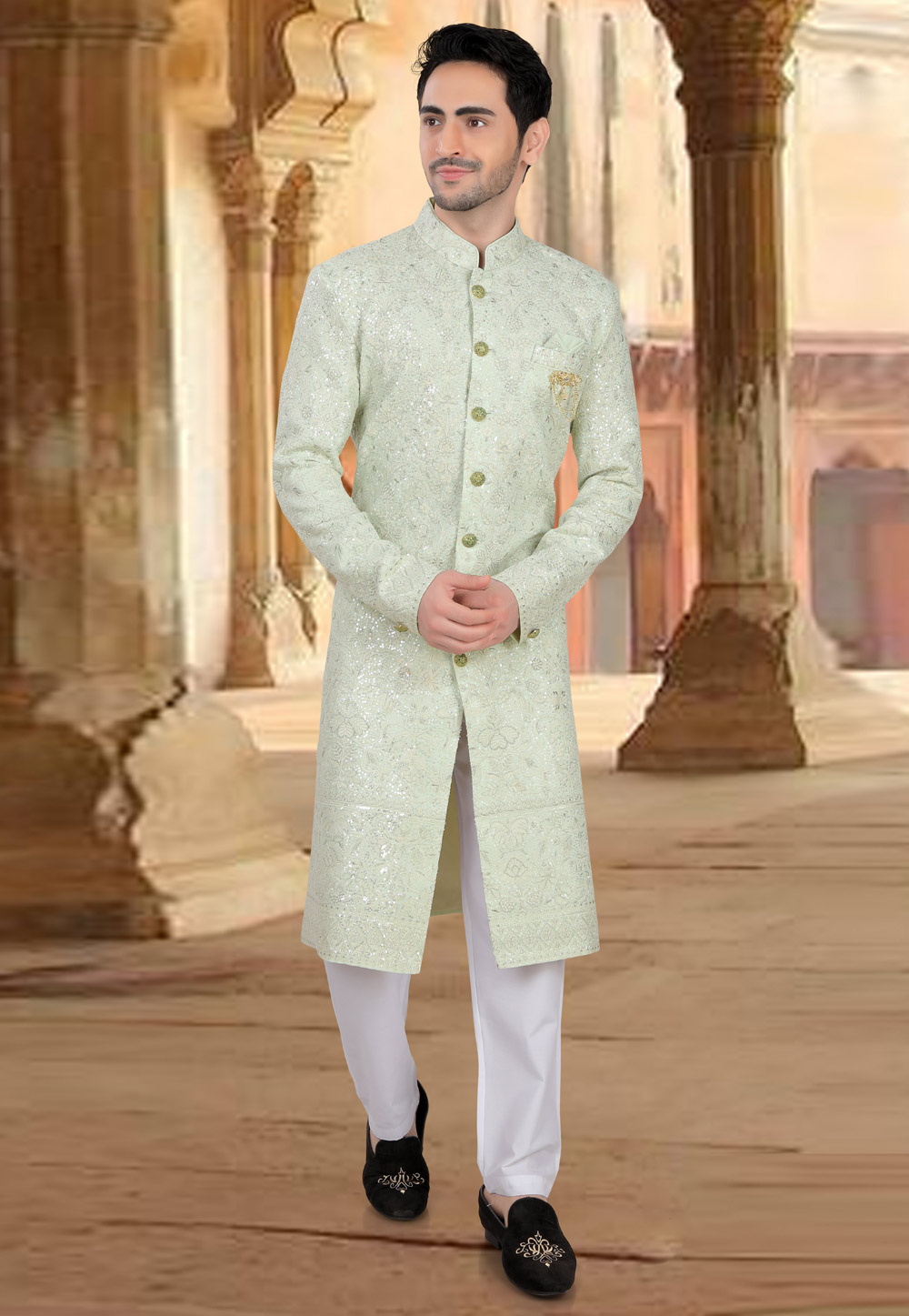 Pista Green Georgette Indo Western Sherwani 309072