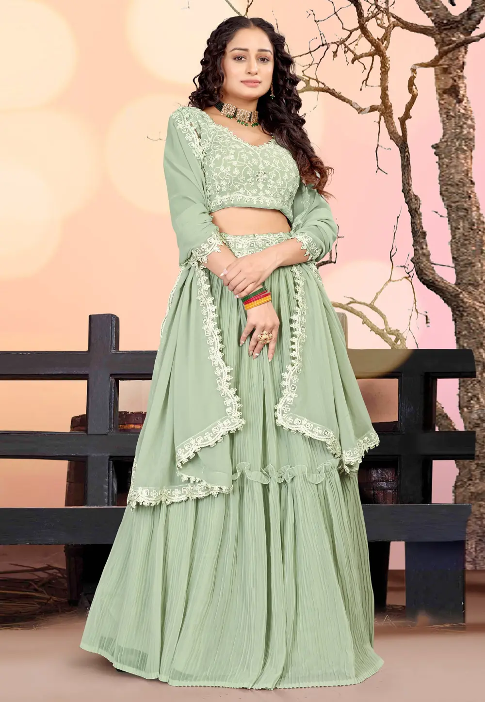 Pista Green Georgette Layered Lehenga Choli 301141