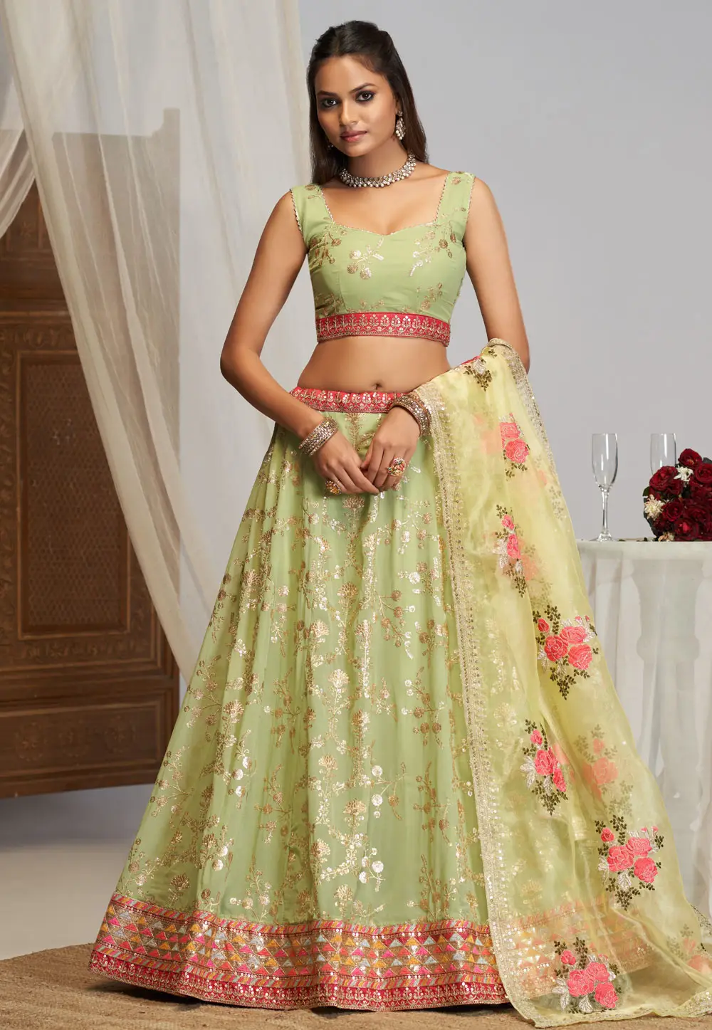 Pista Green Georgette Lehenga Choli 296464