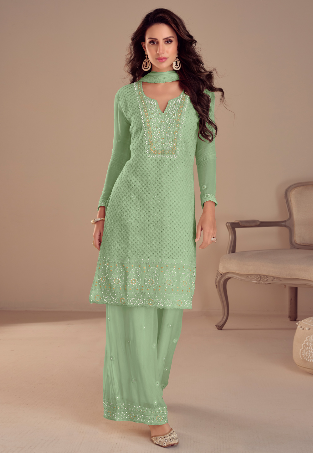 Pista Green Georgette Pakistani Suit 306214