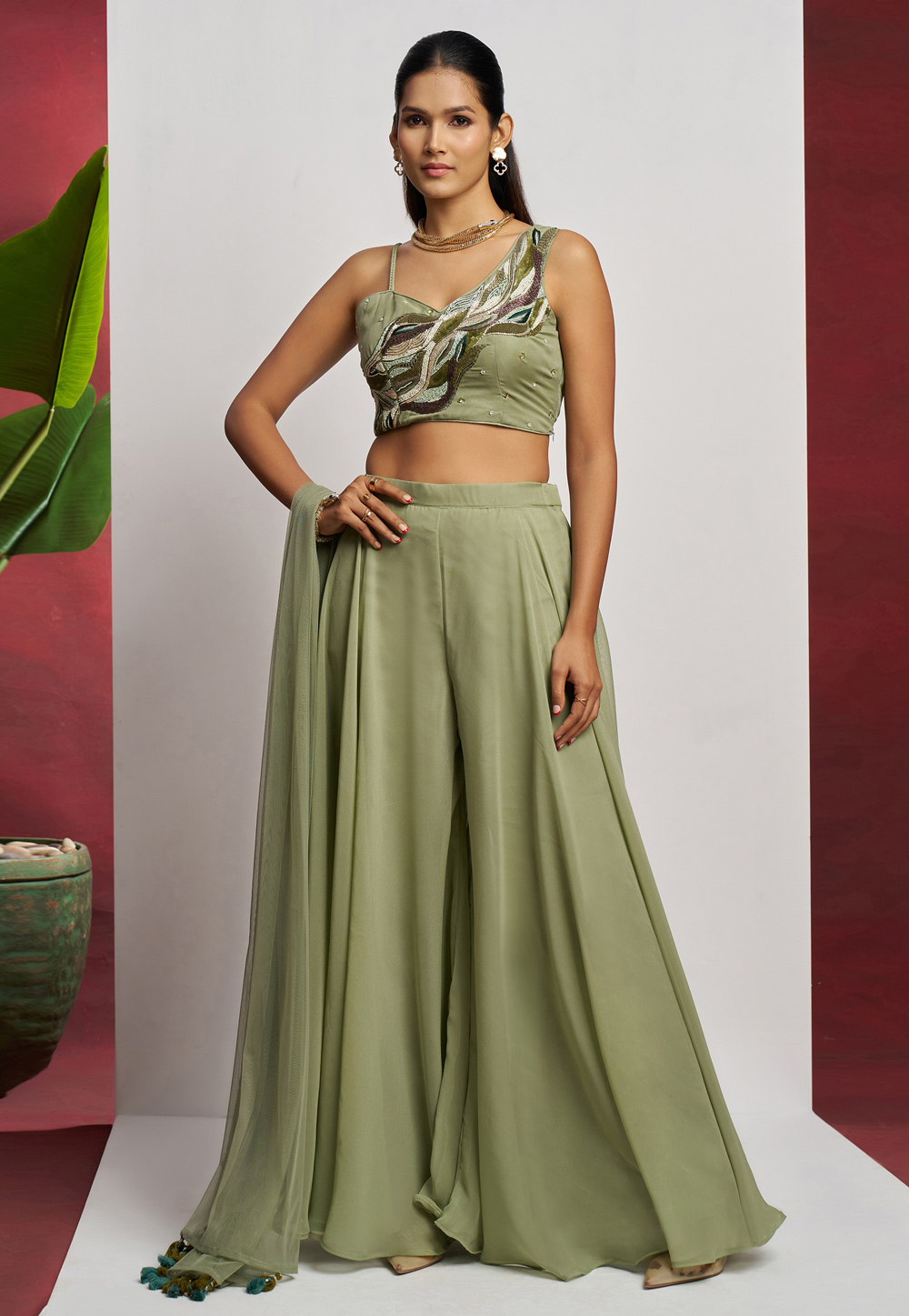 Pista Green Georgette Palazzo With Crop Top 309957