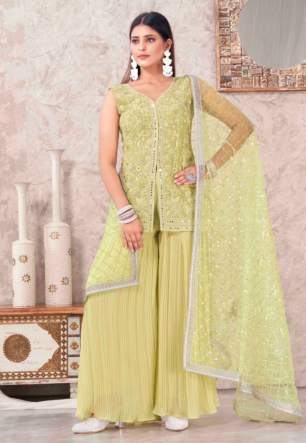 Pista Green Georgette Readymade Gharara Suit 286518