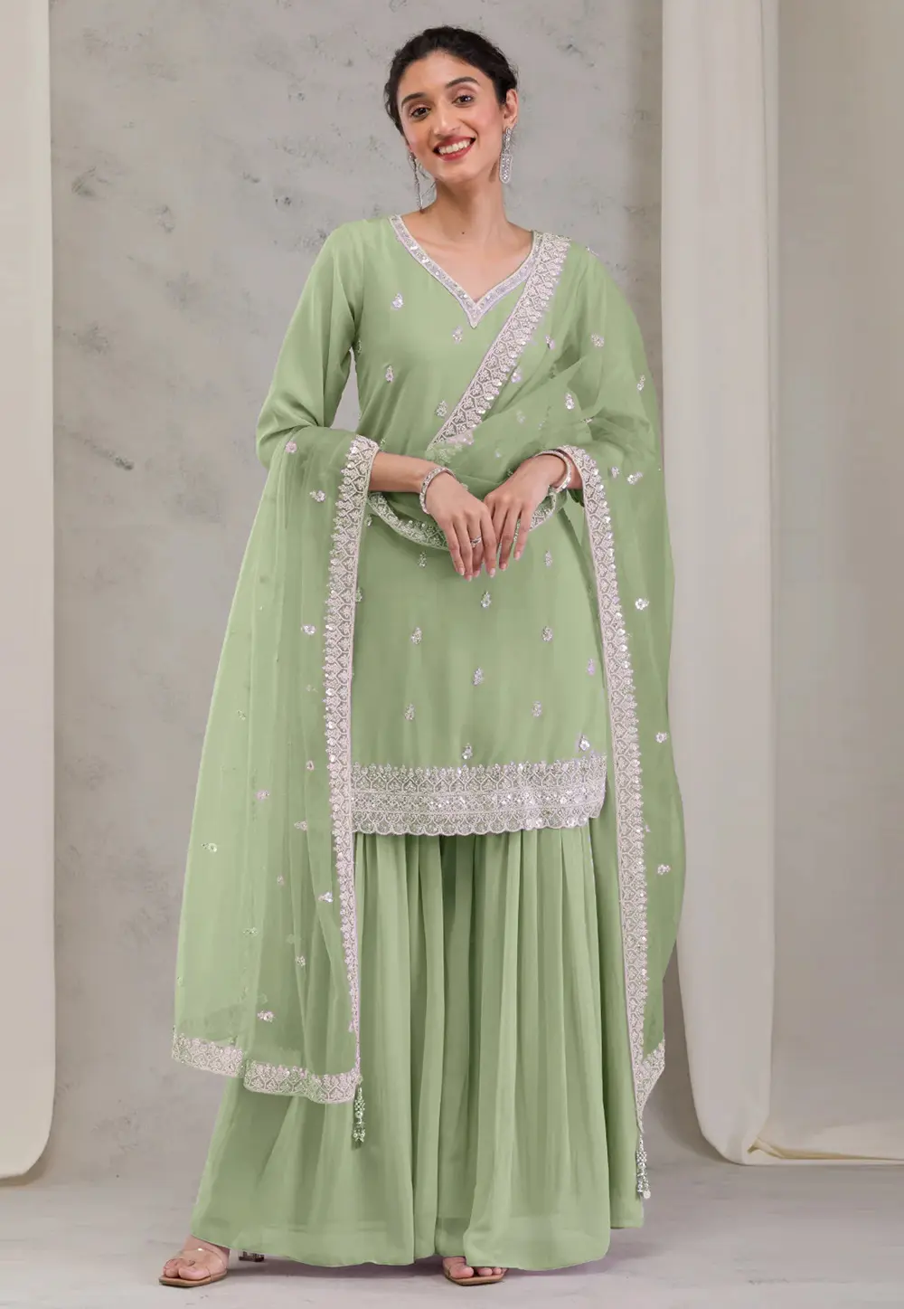 Pista Green Georgette Readymade Pakistani Suit 304423