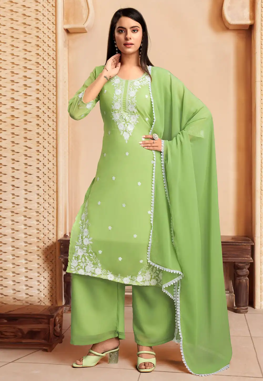 Pista Green Georgette Readymade Palazzo Suit 291632