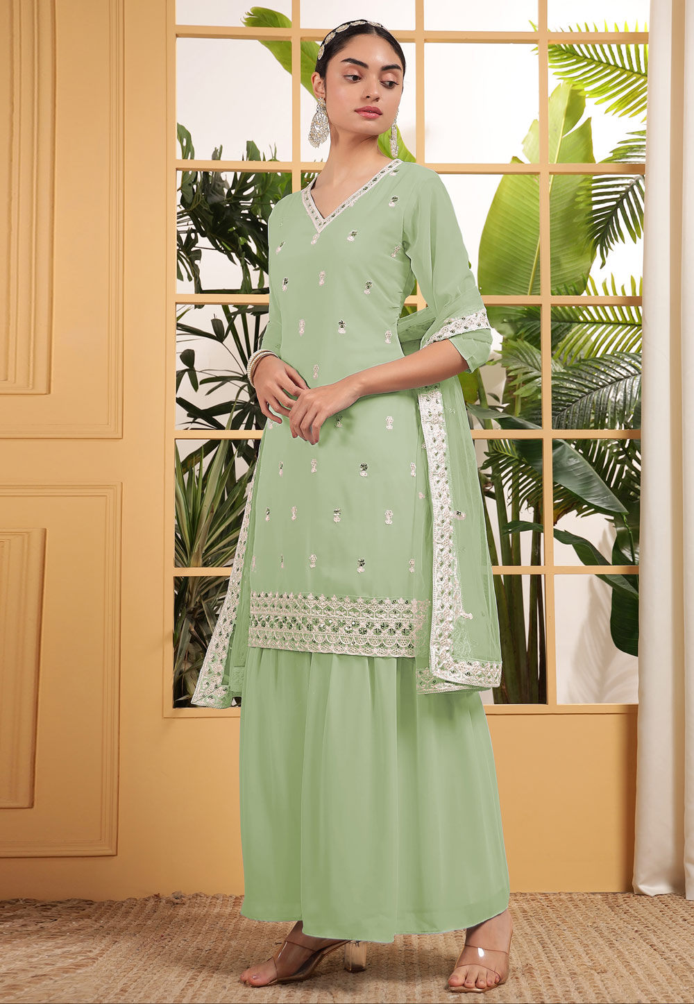 Pista Green Georgette Readymade Sharara Suit 305705