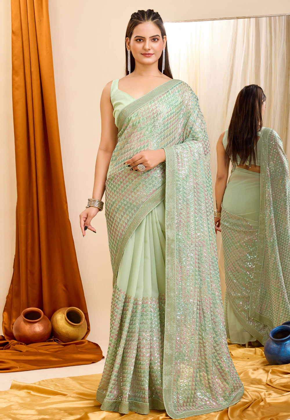 Pista Green Georgette Saree With Blouse 287527