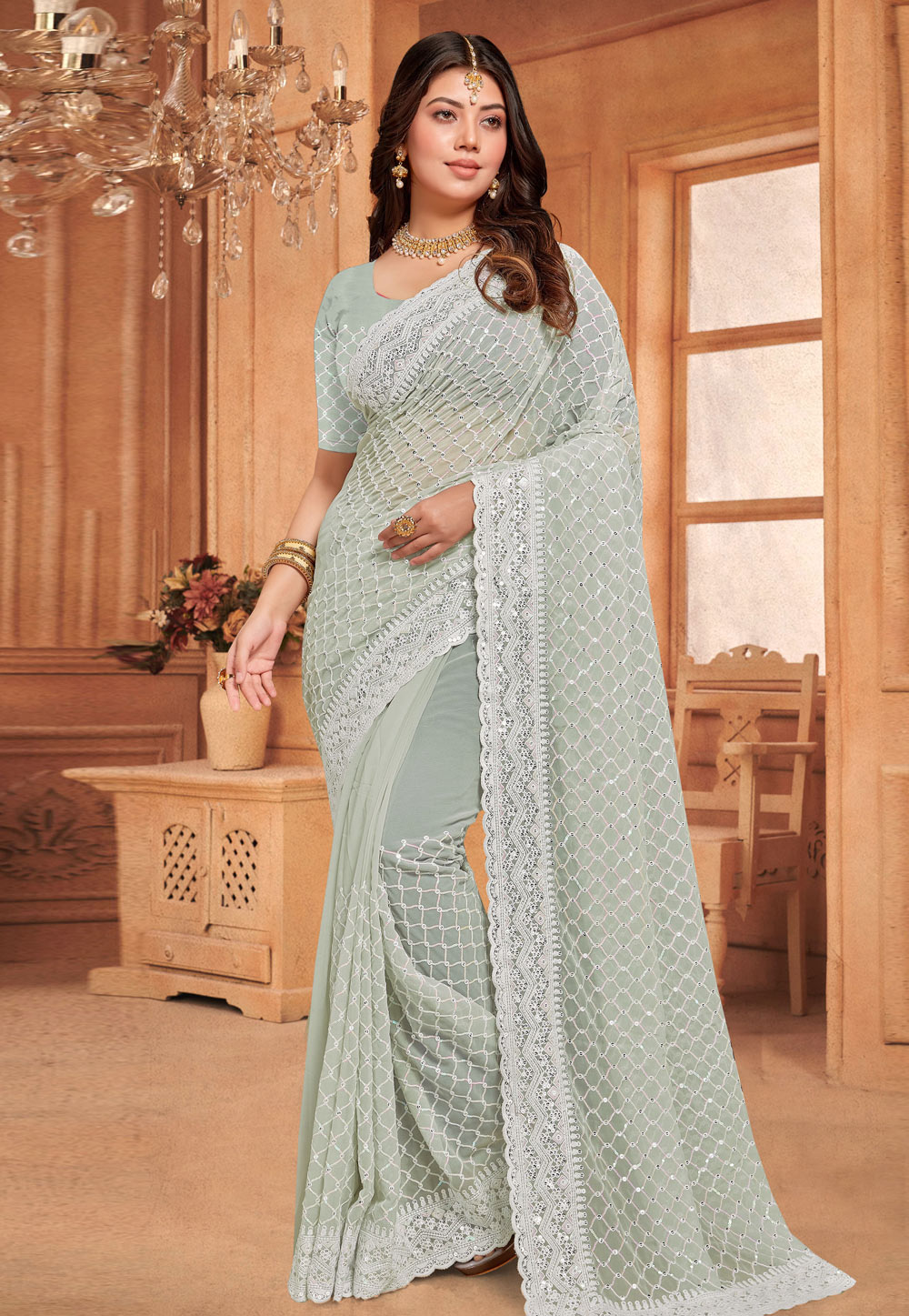 Pista Green Georgette Saree With Blouse 286493