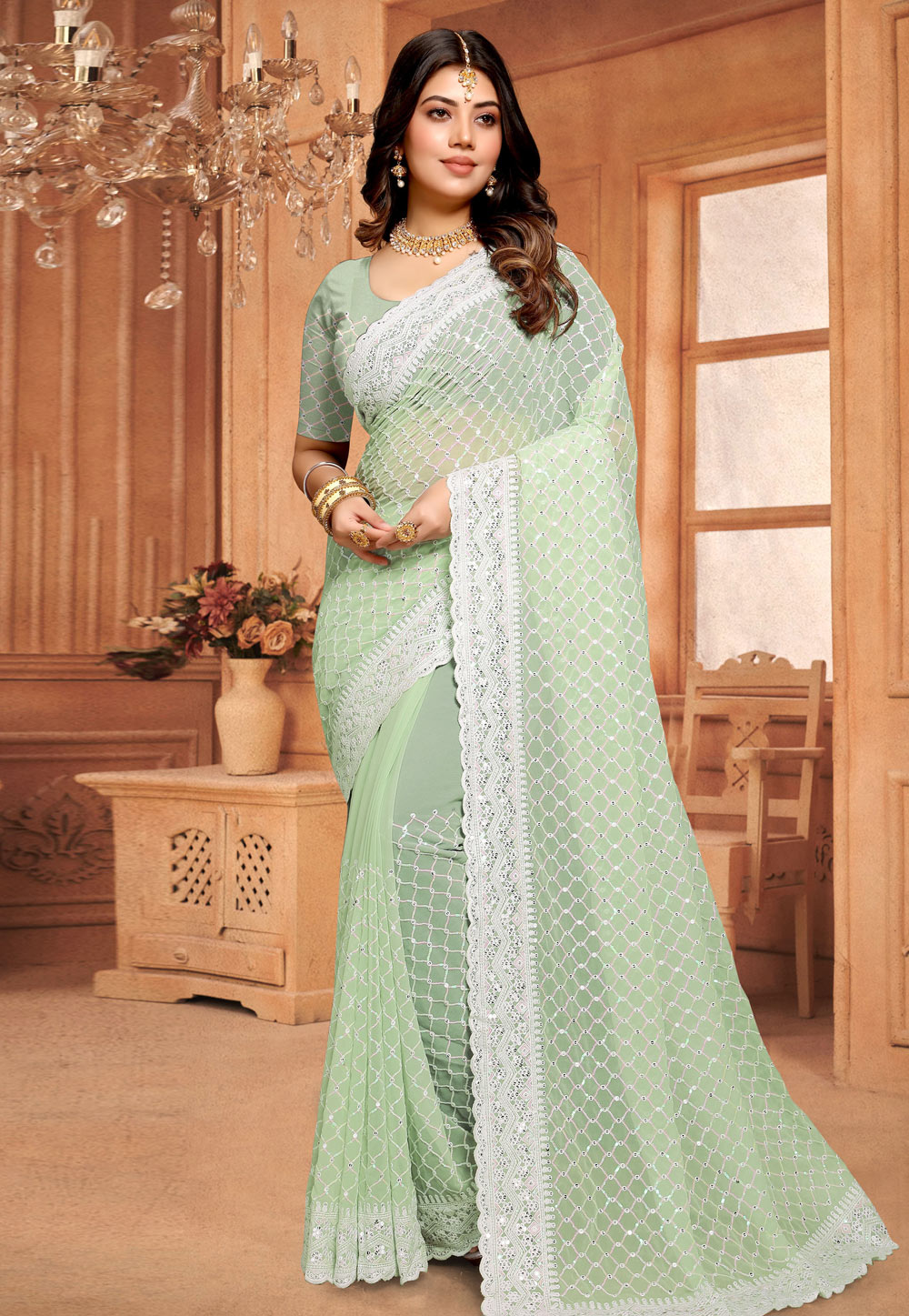 Pista Green Georgette Saree With Blouse 286495