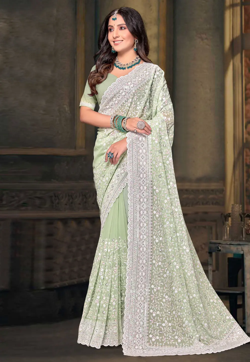 Pista Green Georgette Saree With Blouse 298626