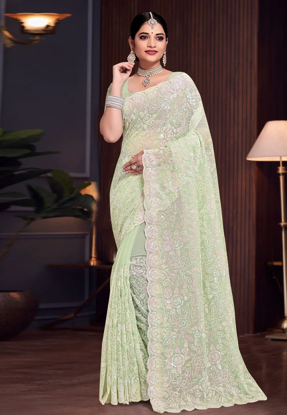 Pista Green Georgette Saree With Blouse 303640